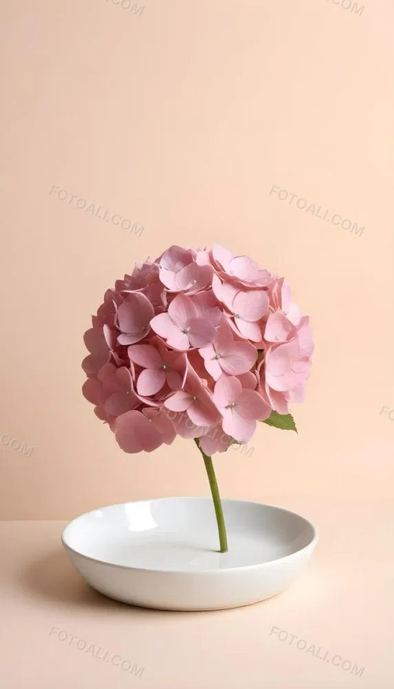 A Pink Hydrangea Flower On A White Stem With A White Plate In The Foreground Against A Light Peach Background 35 4b41