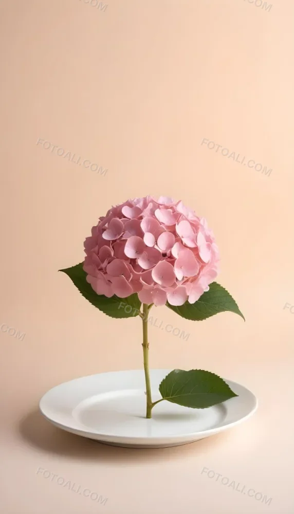 A Pink Hydrangea Flower On A White Stem With A White Plate In The Foreground Against A Light Peach Background 4 F07a