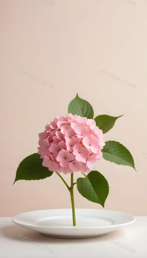 A Pink Hydrangea Flower On A White Stem With A White Plate In The Foreground Against A Light Peach Background 40 D232
