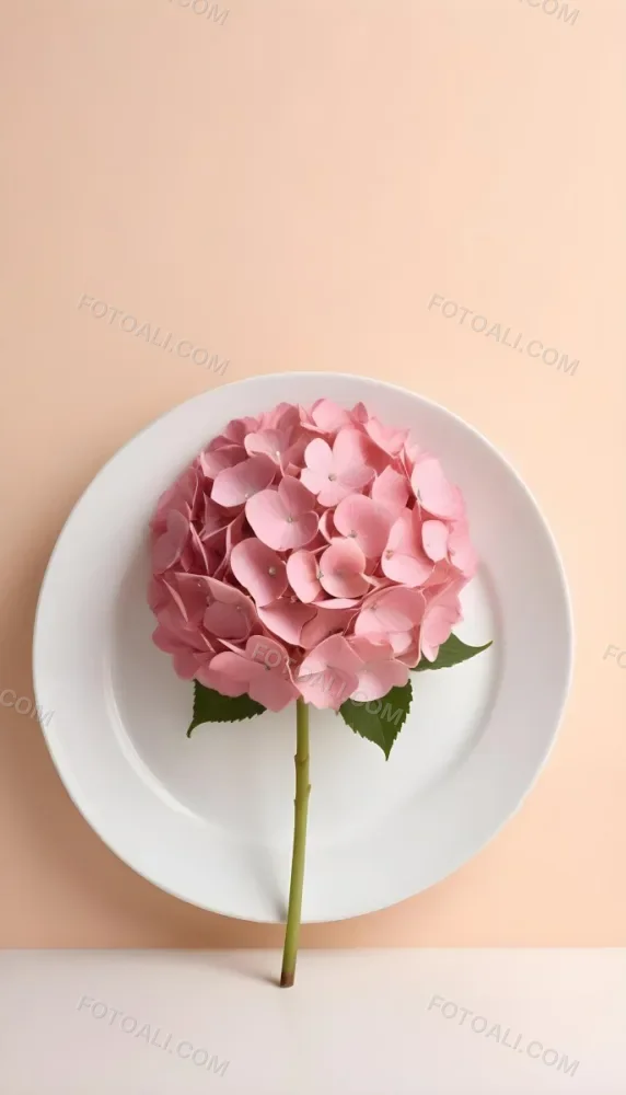 A Pink Hydrangea Flower On A White Stem With A White Plate In The Foreground Against A Light Peach Background 5 78b4