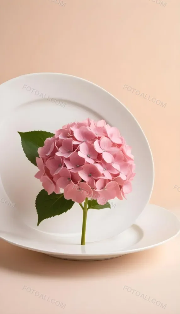A Pink Hydrangea Flower On A White Stem With A White Plate In The Foreground Against A Light Peach Background 7 Eba7