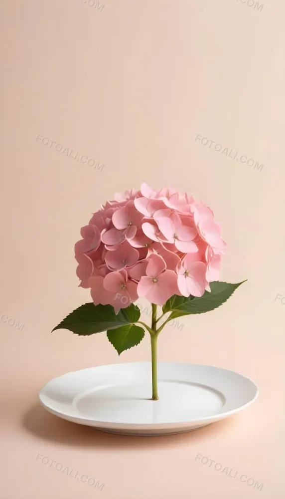 A Pink Hydrangea Flower On A White Stem With A White Plate In The Foreground Against A Light Peach Background 8 48bb