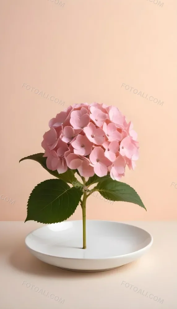 A Pink Hydrangea Flower On A White Stem With A White Plate In The Foreground Against A Light Peach Background 9 D84a