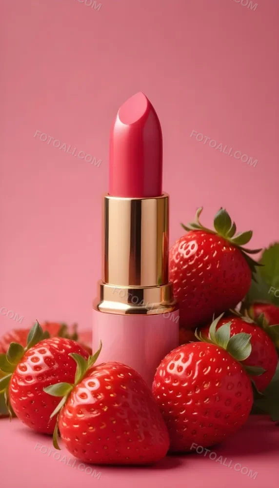 A Pink Lipstick With A Golden Tip Surrounded By Fresh Strawberries With Red Leaves Red Background 10 3515