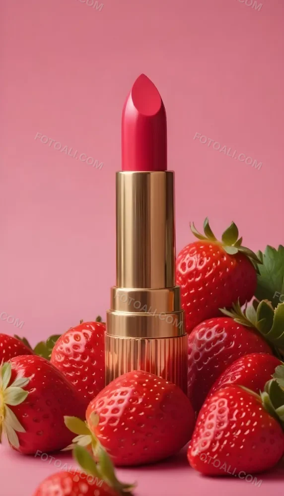 A Pink Lipstick With A Golden Tip Surrounded By Fresh Strawberries With Red Leaves Red Background 25 C443