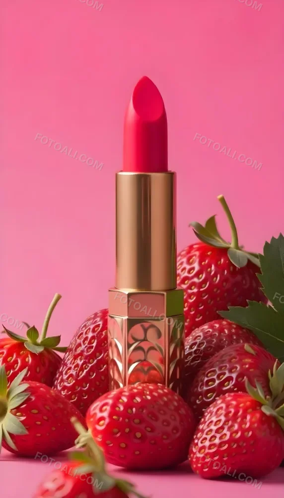 A Pink Lipstick With A Golden Tip Surrounded By Fresh Strawberries With Red Leaves Red Background 26 Da62