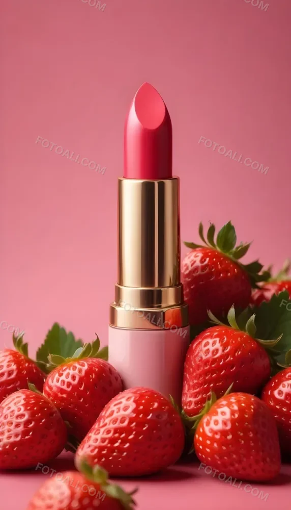 A Pink Lipstick With A Golden Tip Surrounded By Fresh Strawberries With Red Leaves Red Background 28 66f6