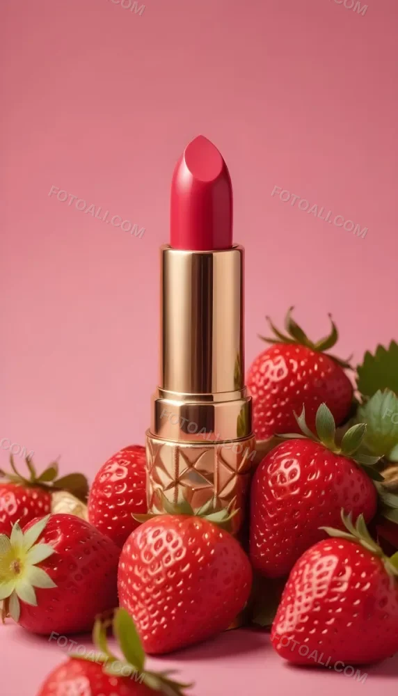 A Pink Lipstick With A Golden Tip Surrounded By Fresh Strawberries With Red Leaves Red Background 3 A082