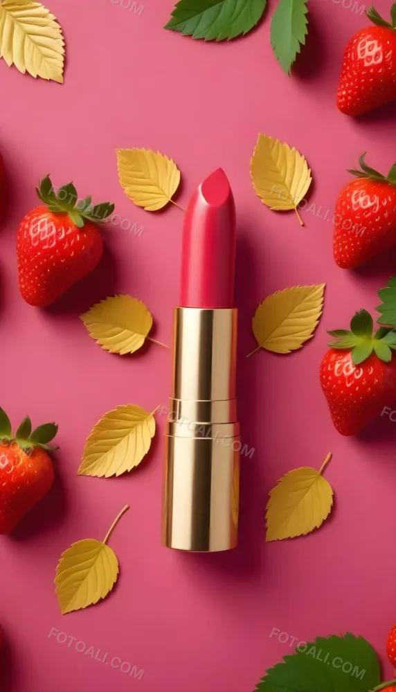 A Pink Lipstick With A Golden Tip Surrounded By Fresh Strawberries With Red Leaves Red Background 5 9870