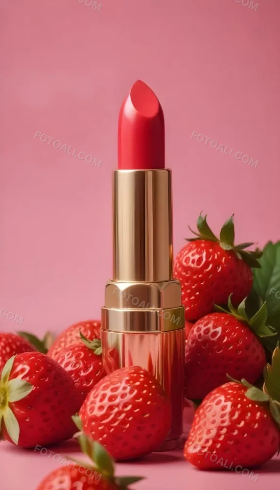 A Pink Lipstick With A Golden Tip Surrounded By Fresh Strawberries With Red Leaves Red Background 51 2f72