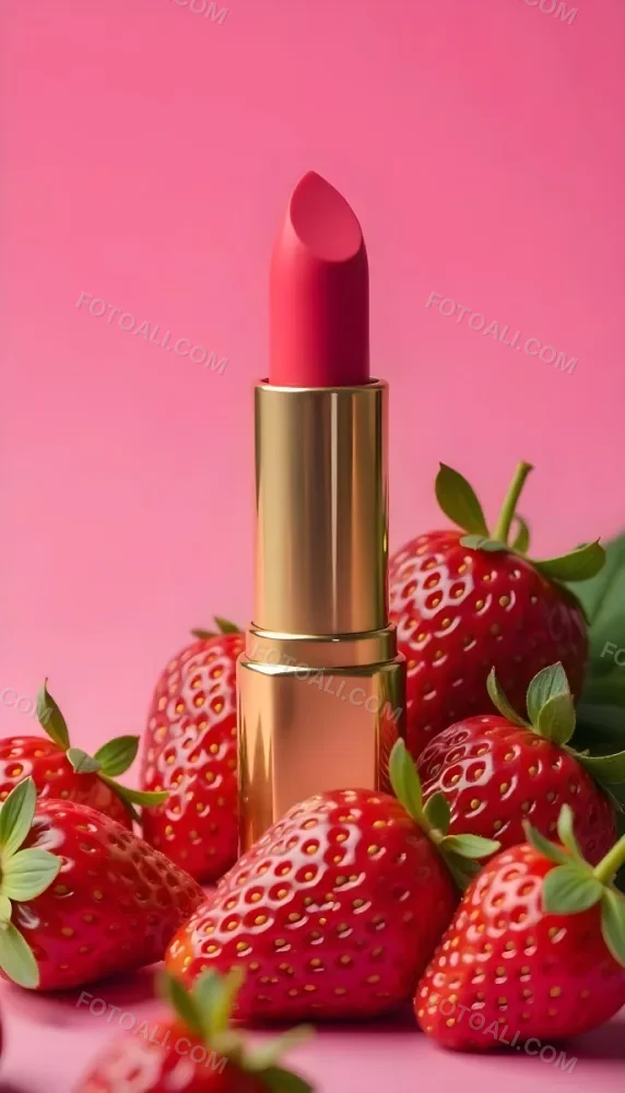 A Pink Lipstick With A Golden Tip Surrounded By Fresh Strawberries With Red Leaves Red Background 56 06df