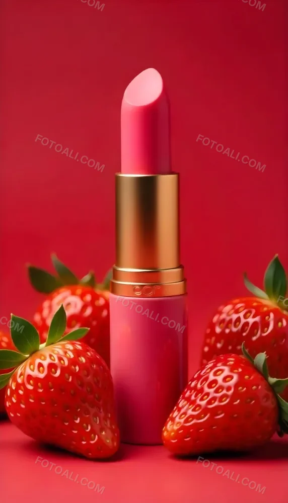 A Pink Lipstick With A Golden Tip Surrounded By Fresh Strawberries With Red Leaves Red Background 78 2157