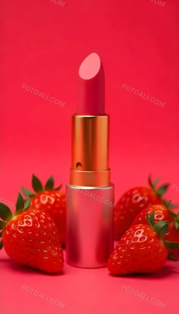 A Pink Lipstick With A Golden Tip Surrounded By Fresh Strawberries With Red Leaves Red Background 84 E470