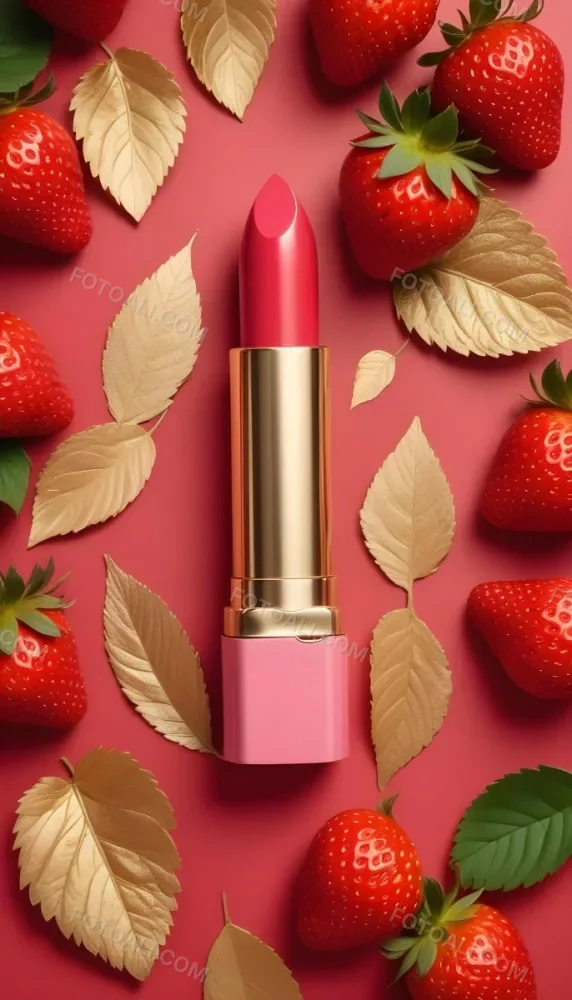 A Pink Lipstick With A Golden Tip Surrounded By Fresh Strawberries With Red Leaves Red Background 9 2318