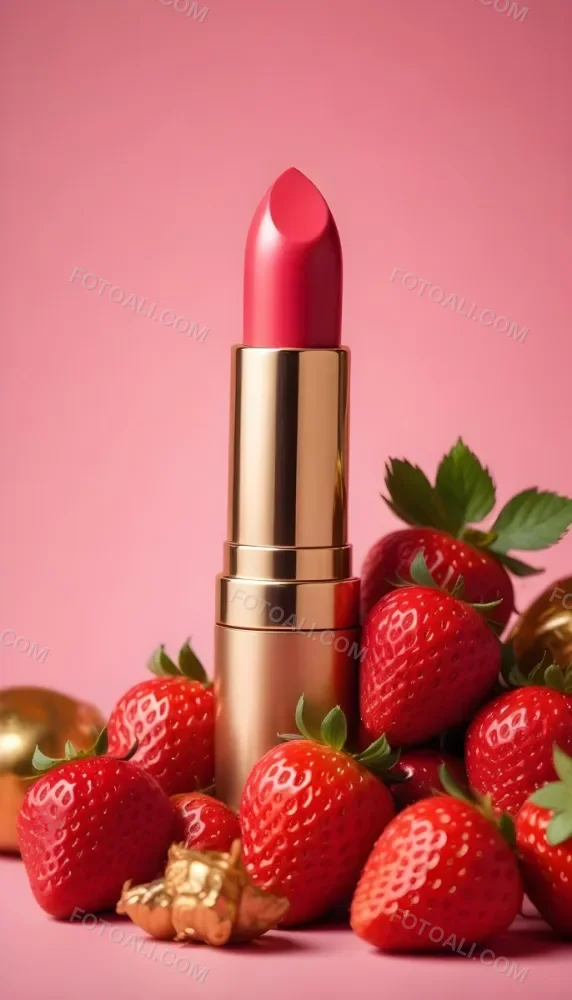 A Pink Lipstick With A Golden Tip Surrounded By Fresh Strawberries With Red Leaves Red Background 9 3d01