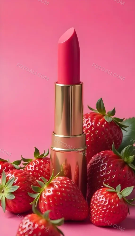 A Pink Lipstick With A Golden Tip Surrounded By Fresh Strawberries With Red Leaves Red Background 92 2363