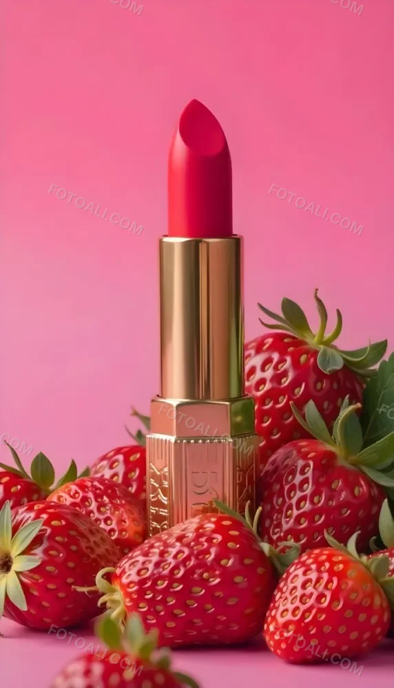 A Pink Lipstick With A Golden Tip Surrounded By Fresh Strawberries With Red Leaves Red Background 94 97f7