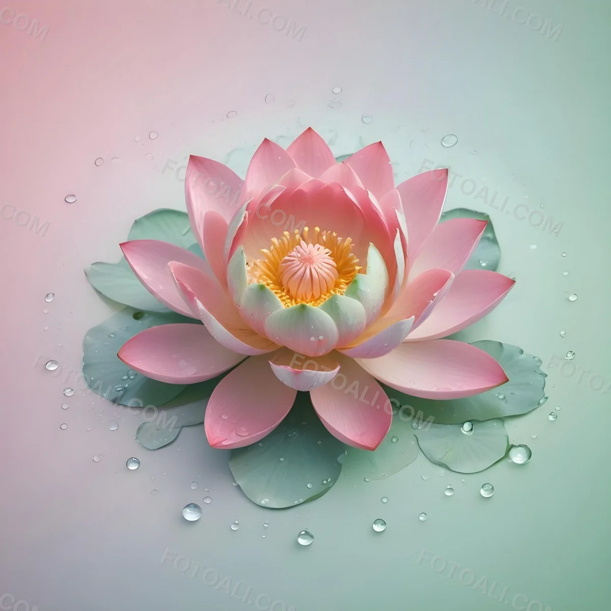 A Pink Lotus Flower With Water Drops In A Light Pink And Green Background 9 D062
