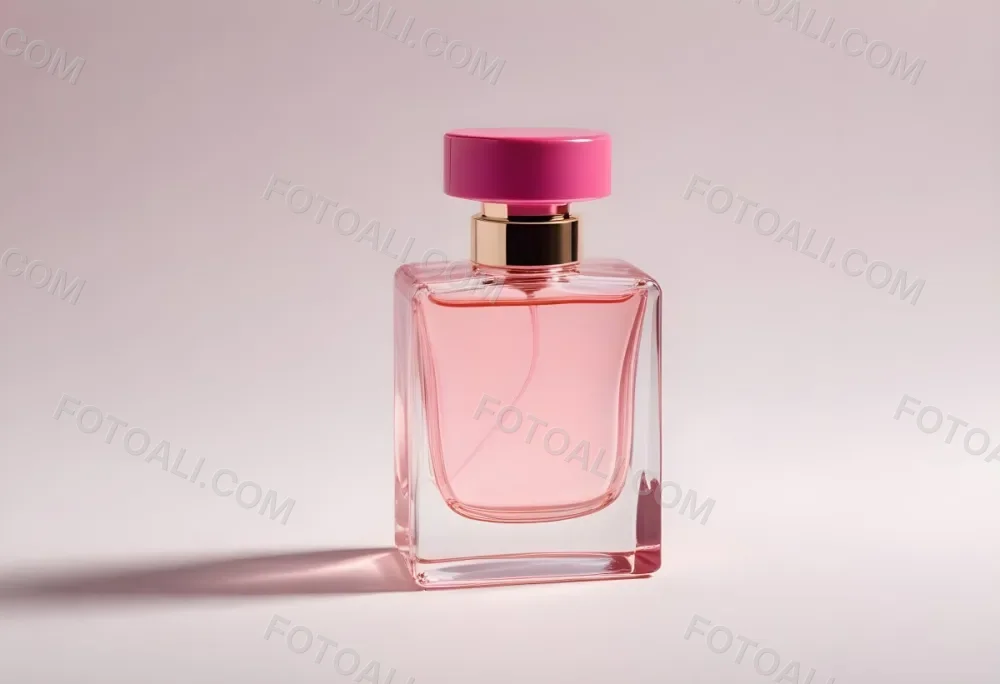 A Pink Perfume Bottle With A Metallic Pink Cap Simple Square Design On A White Background Minimalist Aesthetic Soft Lighting Product Photography 1 4037