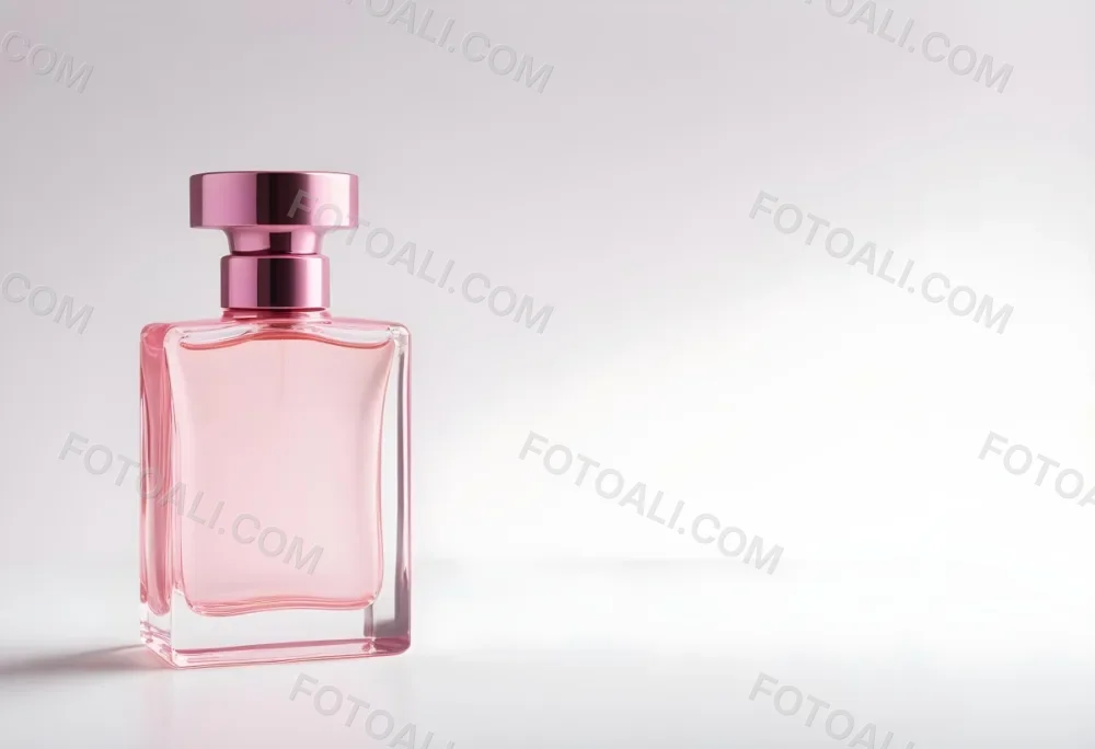 A Pink Perfume Bottle With A Metallic Pink Cap Simple Square Design On A White Background Minimalist Aesthetic Soft Lighting Product Photography 10 3722