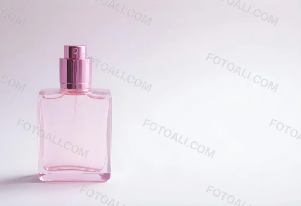 A Pink Perfume Bottle With A Metallic Pink Cap Simple Square Design On A White Background Minimalist Aesthetic Soft Lighting Product Photography 20 Eb5c