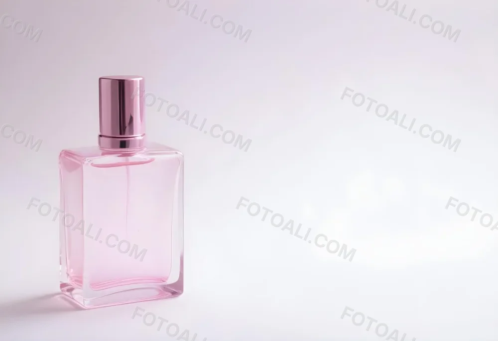 A Pink Perfume Bottle With A Metallic Pink Cap Simple Square Design On A White Background Minimalist Aesthetic Soft Lighting Product Photography 24 C363