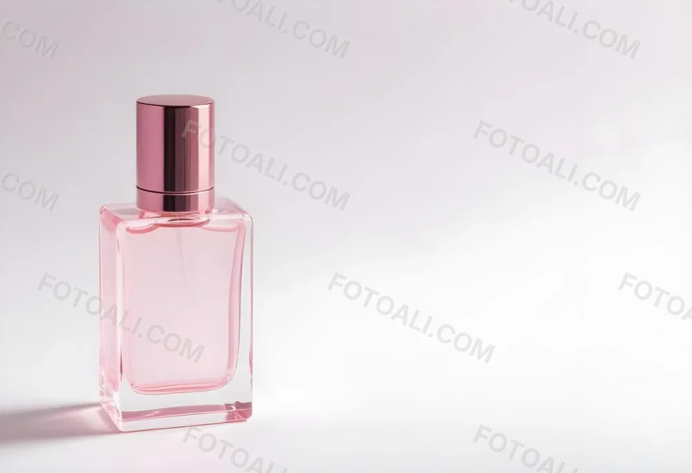 A Pink Perfume Bottle With A Metallic Pink Cap Simple Square Design On A White Background Minimalist Aesthetic Soft Lighting Product Photography 3 B762
