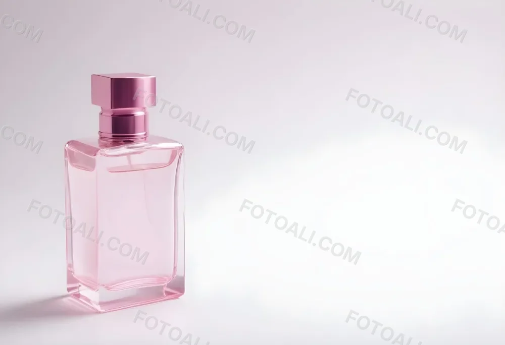 A Pink Perfume Bottle With A Metallic Pink Cap Simple Square Design On A White Background Minimalist Aesthetic Soft Lighting Product Photography 30 96be