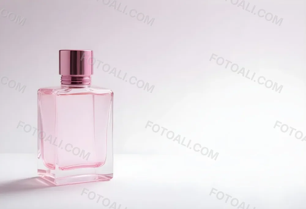 A Pink Perfume Bottle With A Metallic Pink Cap Simple Square Design On A White Background Minimalist Aesthetic Soft Lighting Product Photography 31 5da7