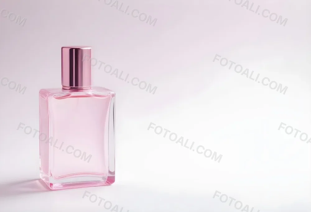 A Pink Perfume Bottle With A Metallic Pink Cap Simple Square Design On A White Background Minimalist Aesthetic Soft Lighting Product Photography 33 Dcac