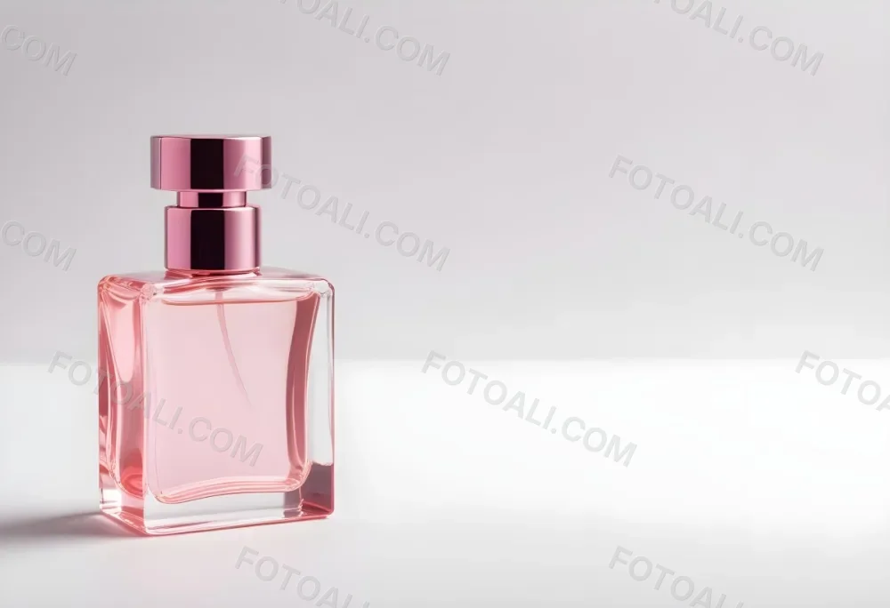 A Pink Perfume Bottle With A Metallic Pink Cap Simple Square Design On A White Background Minimalist Aesthetic Soft Lighting Product Photography 4 640e