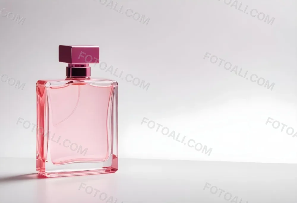 A Pink Perfume Bottle With A Metallic Pink Cap Simple Square Design On A White Background Minimalist Aesthetic Soft Lighting Product Photography 5 833b