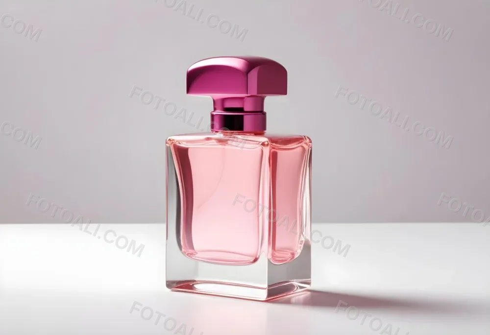 A Pink Perfume Bottle With A Metallic Pink Cap Simple Square Design On A White Background Minimalist Aesthetic Soft Lighting Product Photography 6 Ebb9