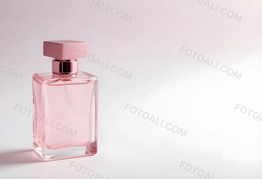 A Pink Perfume Bottle With A Metallic Pink Cap Simple Square Design On A White Background Minimalist Aesthetic Soft Lighting Product Photography 7 3829