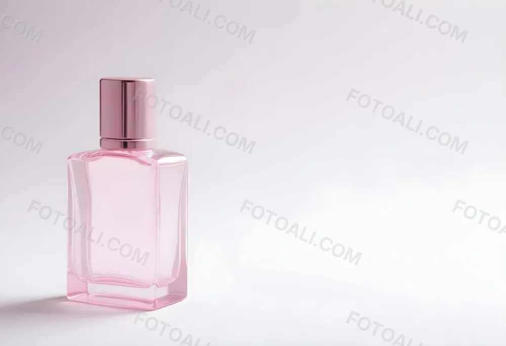 A Pink Perfume Bottle With A Metallic Pink Cap Simple Square Design On A White Background Minimalist Aesthetic Soft Lighting Product Photography 9 8371