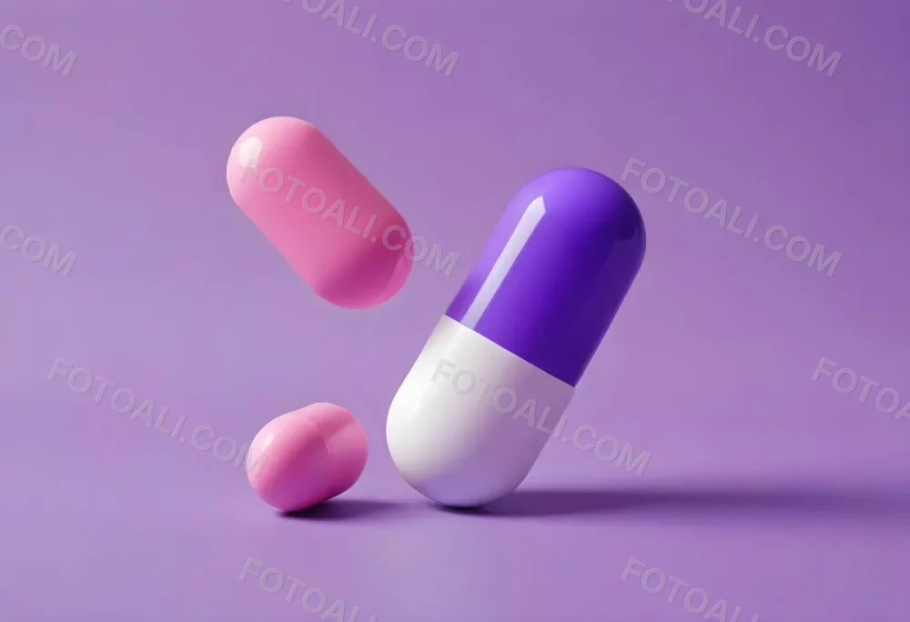 A Pink Pill And A Purple And White Capsule Floating In A Purple Background 10 6323