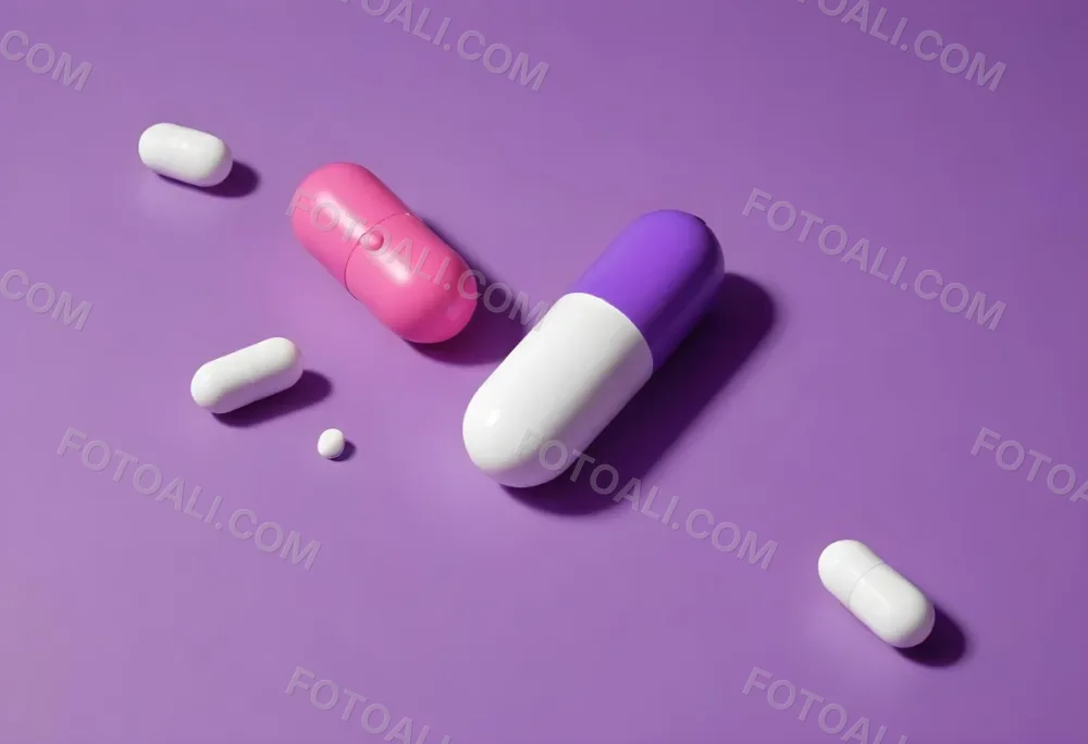 A Pink Pill And A Purple And White Capsule Floating In A Purple Background 11 E8cd