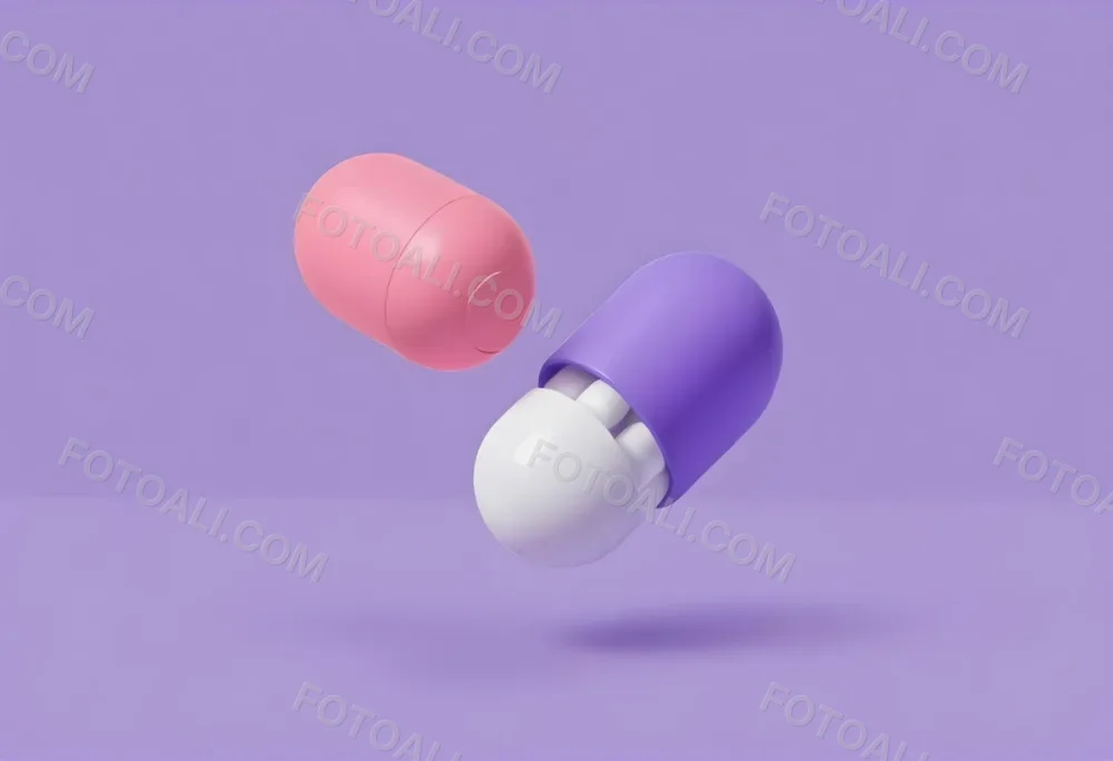 A Pink Pill And A Purple And White Capsule Floating In A Purple Background 3 6a3c