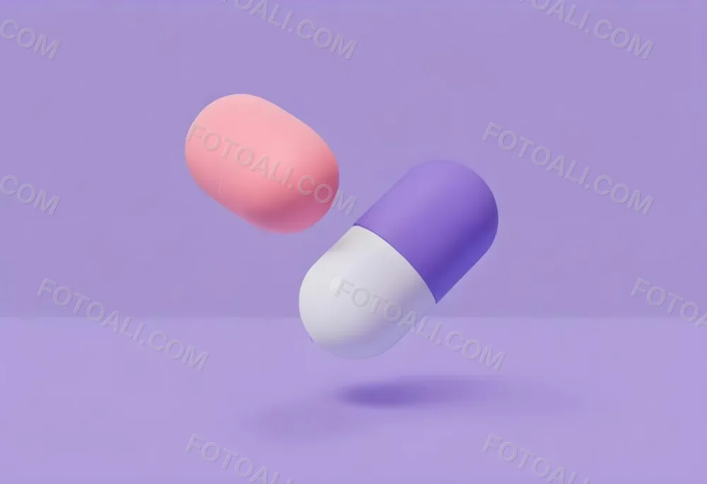 A Pink Pill And A Purple And White Capsule Floating In A Purple Background 4 0138