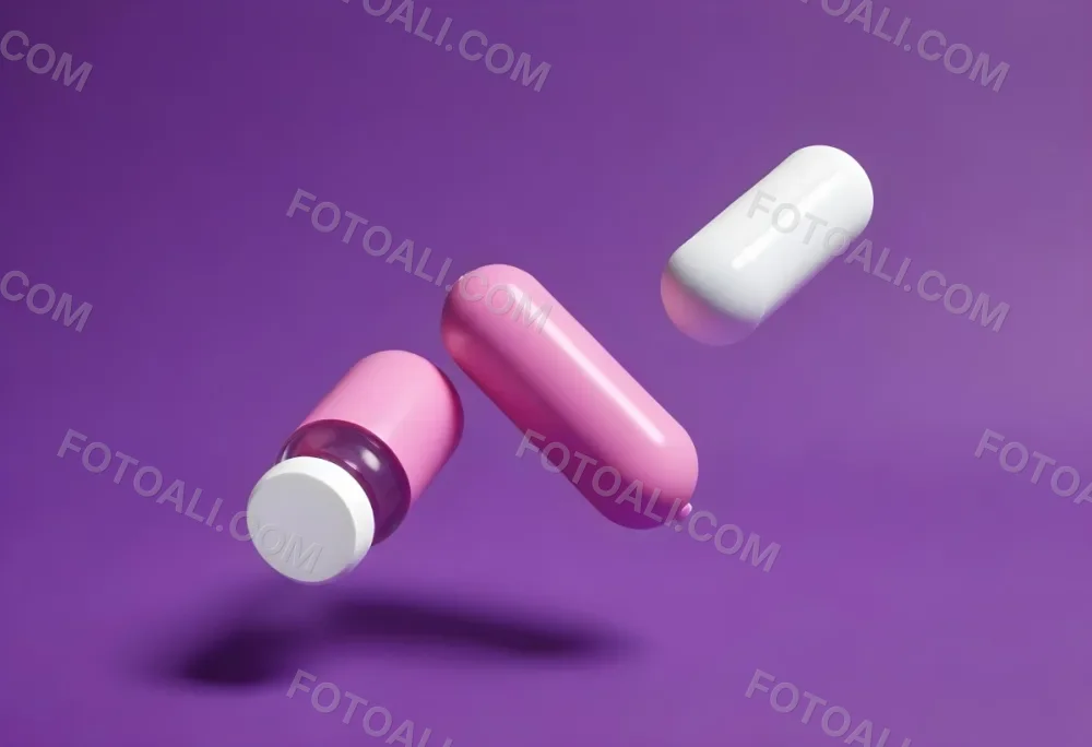 A Pink Pill And A Purple And White Capsule Floating In A Purple Background 5 6692