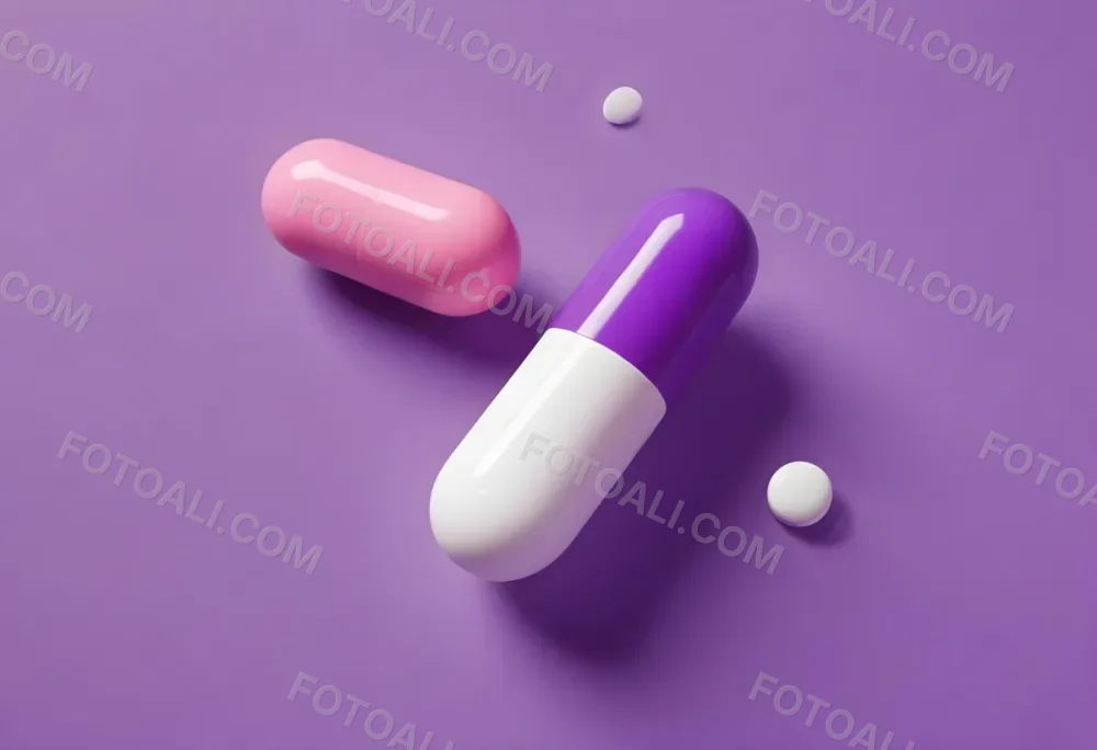 A Pink Pill And A Purple And White Capsule Floating In A Purple Background 6 2ad7