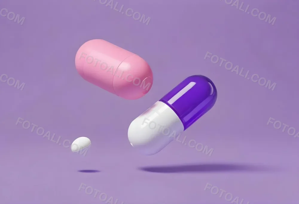 A Pink Pill And A Purple And White Capsule Floating In A Purple Background 8 8556