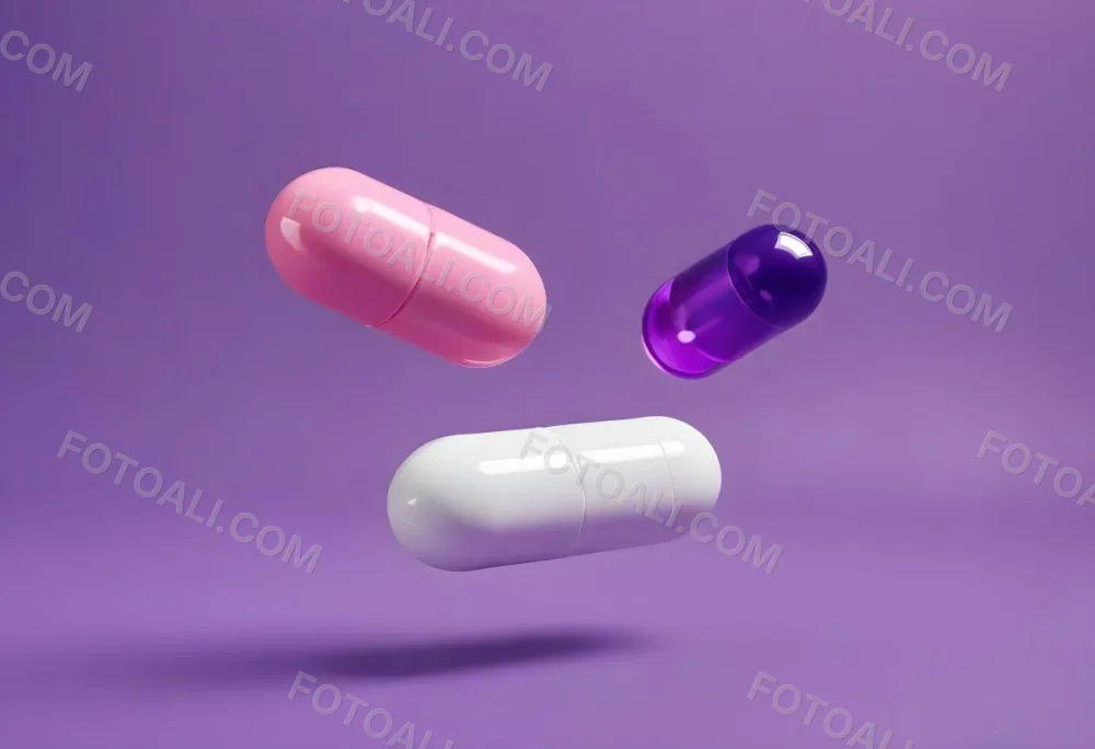 A Pink Pill And A Purple And White Capsule Floating In A Purple Background 9 9599