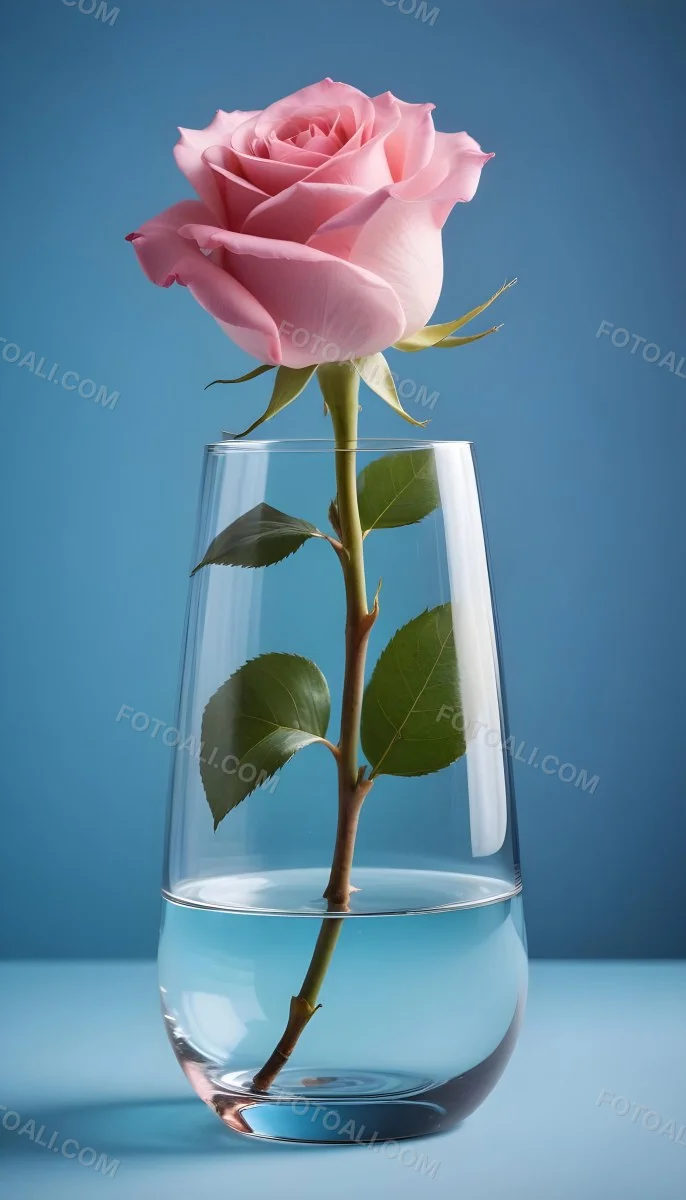A Pink Rose In A Glass Vase Against A Blue Backgro 1 75c8