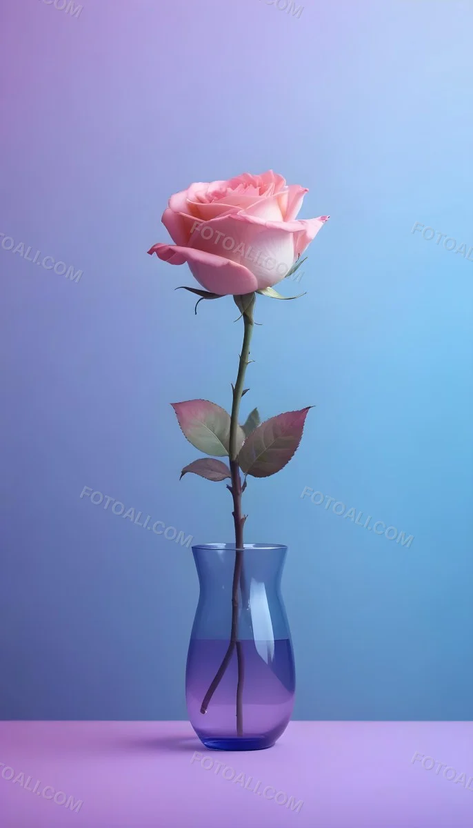 A Pink Rose In A Glass Vase Against A Blue Backgro 10 9fac