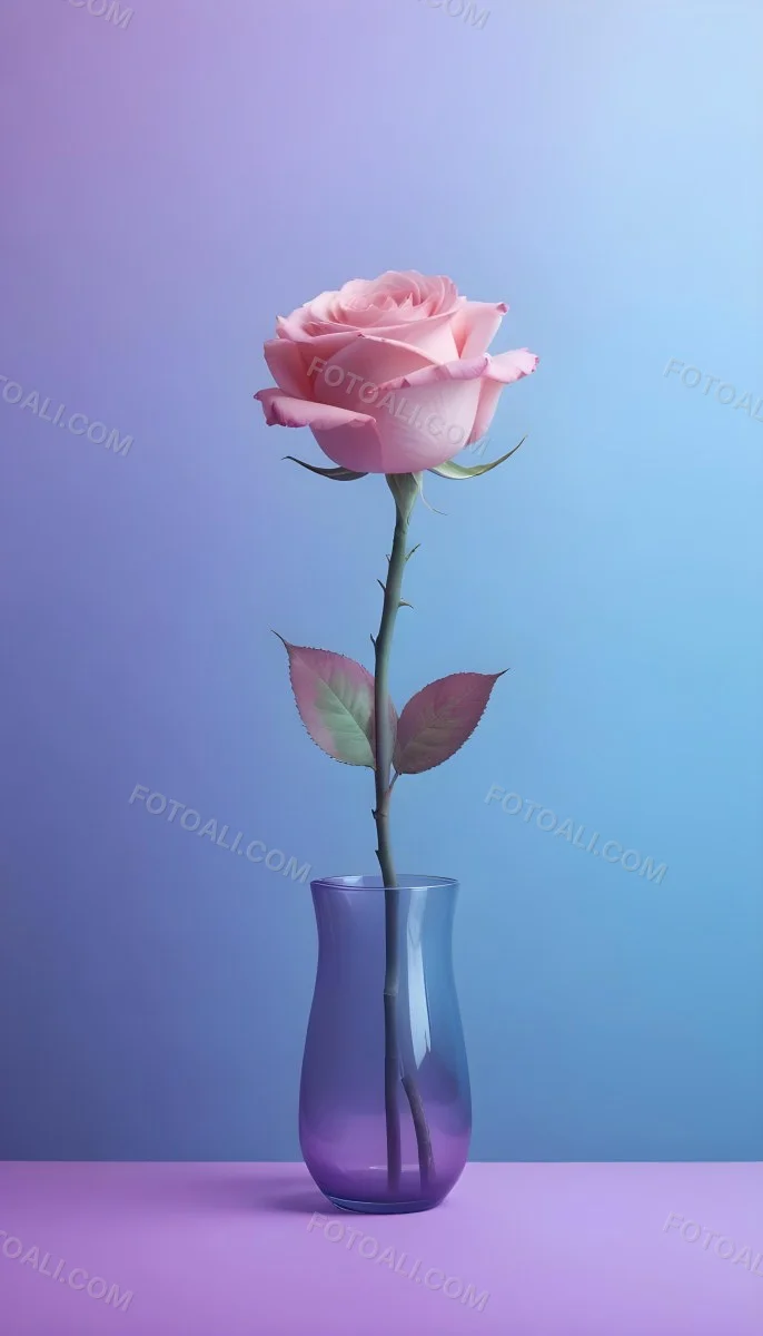 A Pink Rose In A Glass Vase Against A Blue Backgro 15 345b