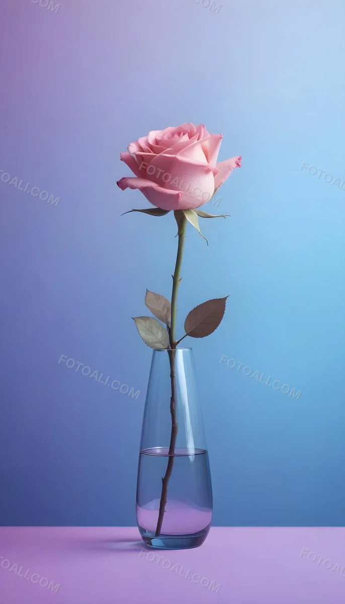 A Pink Rose In A Glass Vase Against A Blue Backgro 17 81ab