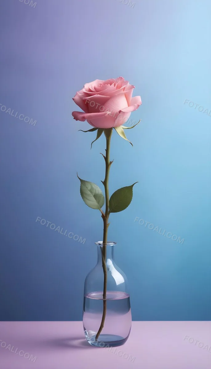 A Pink Rose In A Glass Vase Against A Blue Backgro 31 43bc