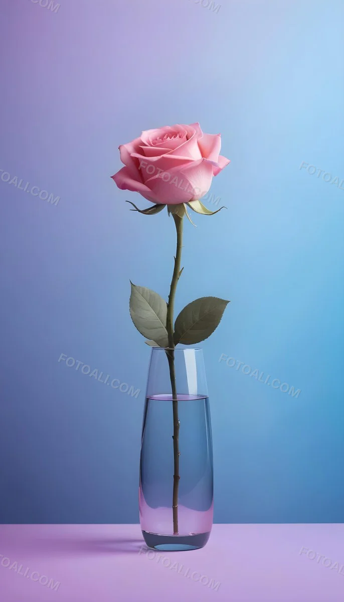 A Pink Rose In A Glass Vase Against A Blue Backgro 33 E65e