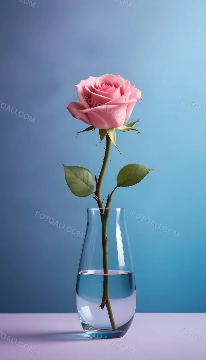 A Pink Rose In A Glass Vase Against A Blue Backgro 34 1bbc